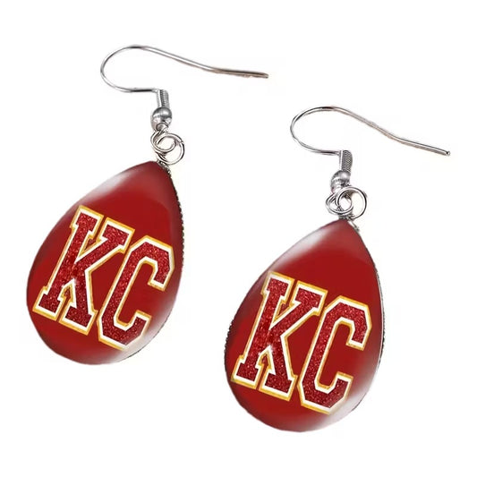 1 Pair KC Football Team Spirit Earrings - Bold KC Letters in Red & Yellow, Durable Sports Jewelry for Game Day, Cheerleading, Parties