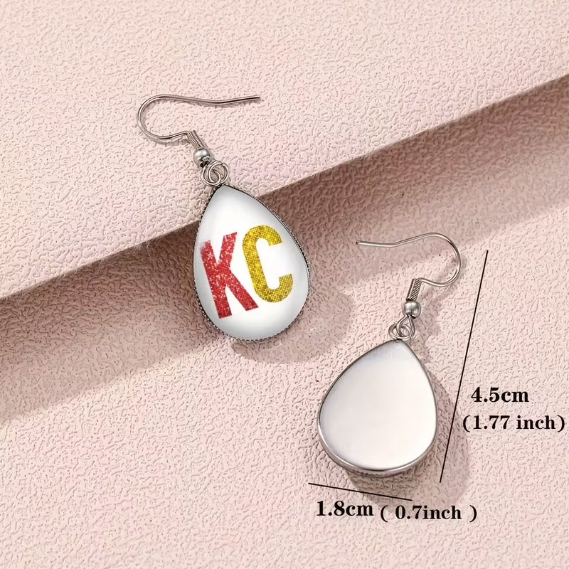 1 Pair KC Football Team Spirit Earrings - Bold KC Letters in Red & Yellow, Durable Sports Jewelry for Game Day, Cheerleading, Parties