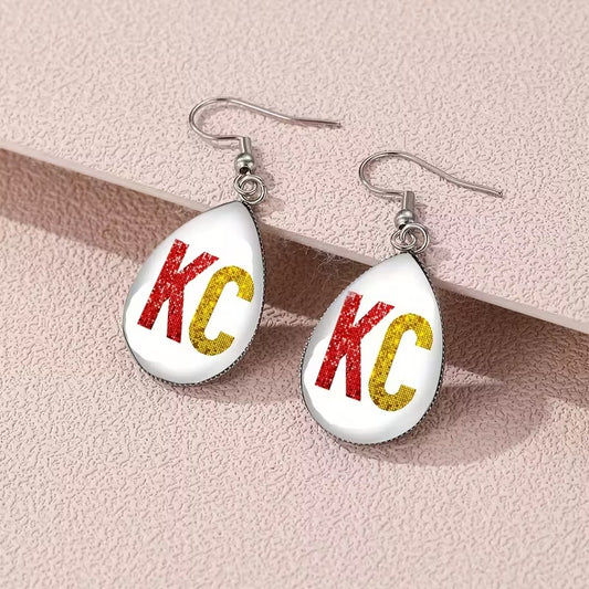 1 Pair KC Football Team Spirit Earrings - Bold KC Letters in Red & Yellow, Durable Sports Jewelry for Game Day, Cheerleading, Parties