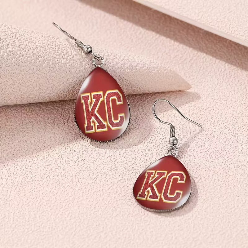 1 Pair KC Football Team Spirit Earrings - Bold KC Letters in Red & Yellow, Durable Sports Jewelry for Game Day, Cheerleading, Parties