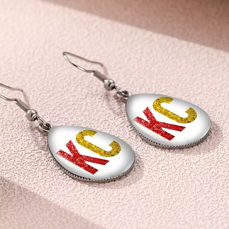 1 Pair KC Football Team Spirit Earrings - Bold KC Letters in Red & Yellow, Durable Sports Jewelry for Game Day, Cheerleading, Parties