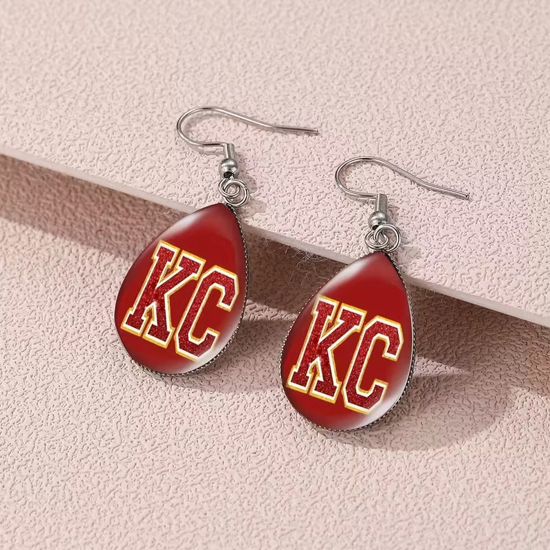1 Pair KC Football Team Spirit Earrings - Bold KC Letters in Red & Yellow, Durable Sports Jewelry for Game Day, Cheerleading, Parties
